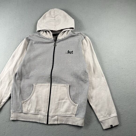 Lost Skateboard Hoodie Men’s Medium Tan Striped Full Zip Surf Sweatshirt - Picture 5 of 16